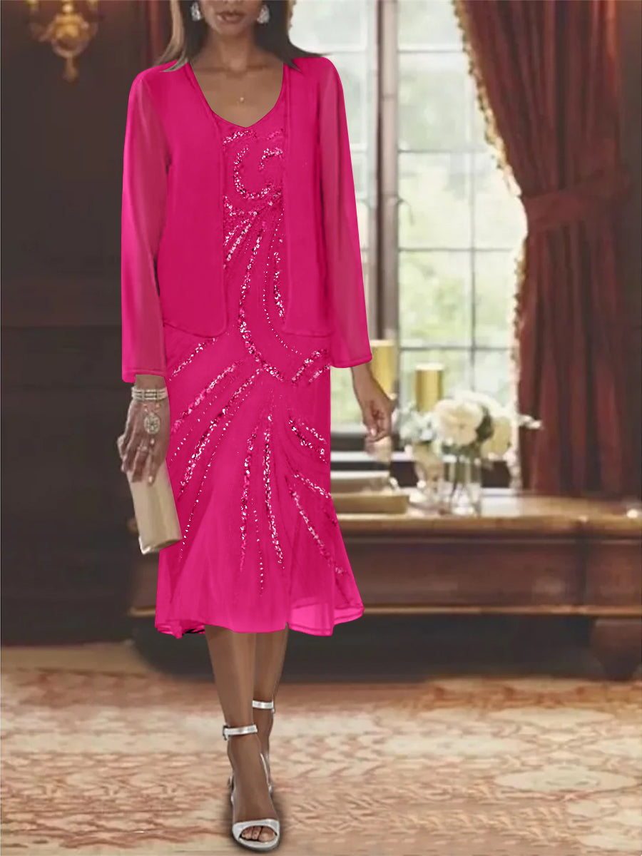 2-Piece V-Neck Chiffon Mother of the Bride Dress Set with Knee-Length Jacket and Sequins-LLELLA