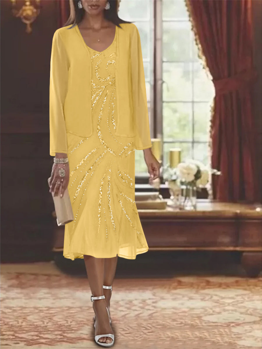 2-Piece V-Neck Chiffon Mother of the Bride Dress Set with Knee-Length Jacket and Sequins-LLELLA