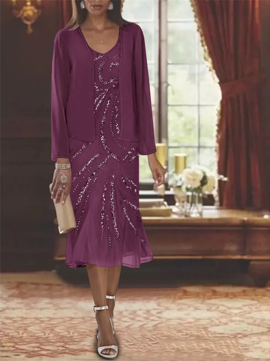 2-Piece V-Neck Chiffon Mother of the Bride Dress Set with Knee-Length Jacket and Sequins-LLELLA