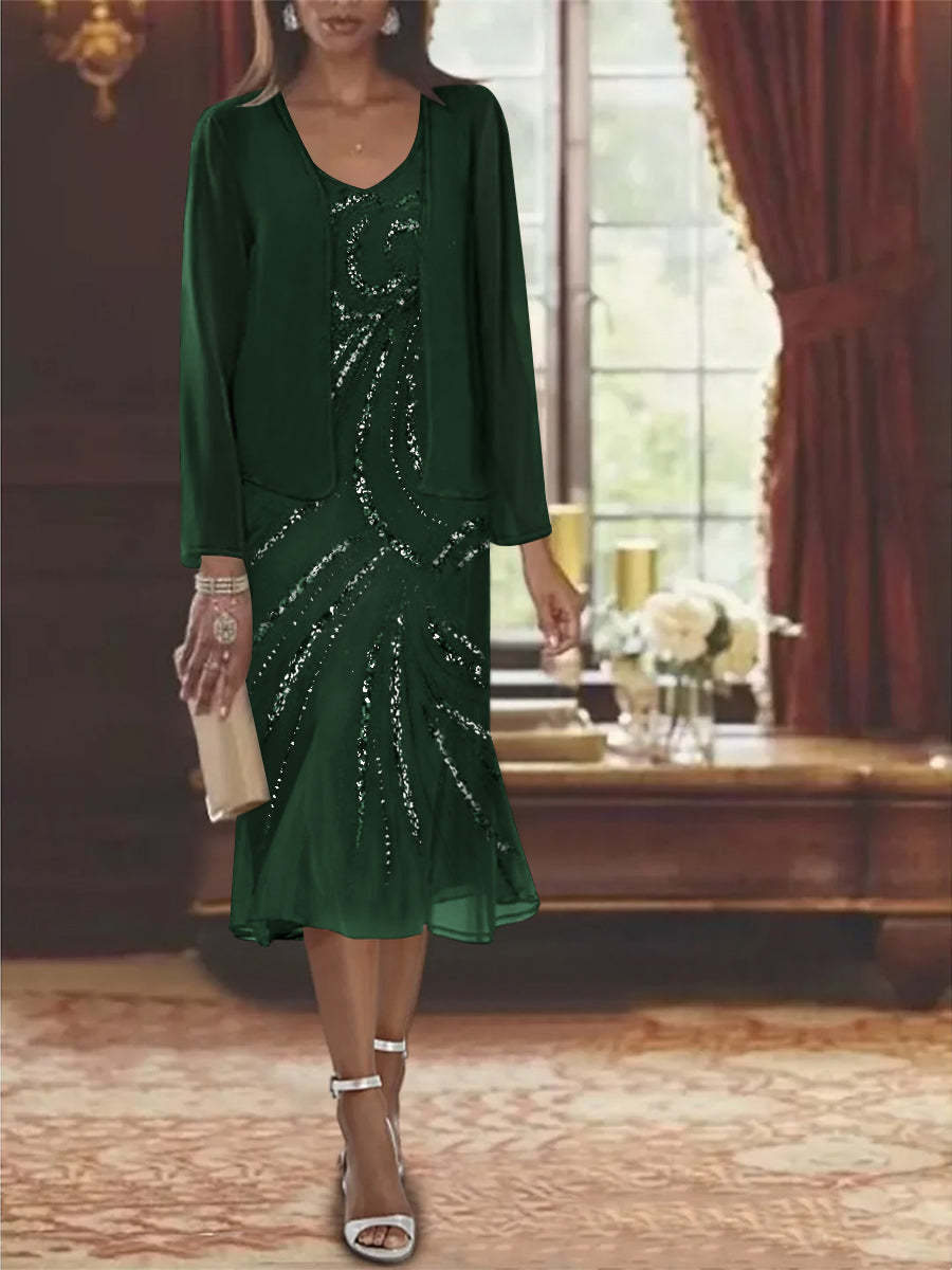 2-Piece V-Neck Chiffon Mother of the Bride Dress Set with Knee-Length Jacket and Sequins-LLELLA