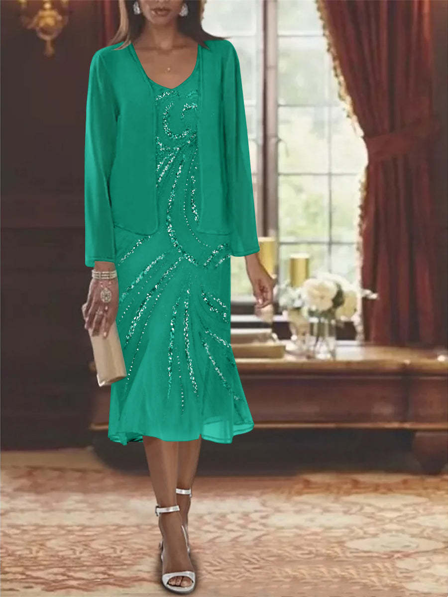 2-Piece V-Neck Chiffon Mother of the Bride Dress Set with Knee-Length Jacket and Sequins-LLELLA