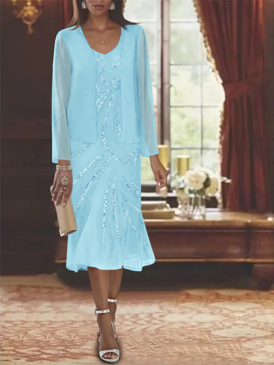 2-Piece V-Neck Chiffon Mother of the Bride Dress Set with Knee-Length Jacket and Sequins-LLELLA
