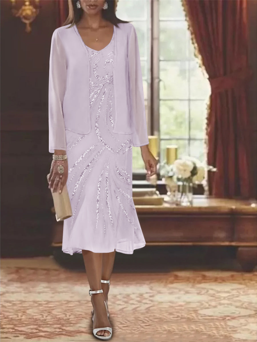 2-Piece V-Neck Chiffon Mother of the Bride Dress Set with Knee-Length Jacket and Sequins-LLELLA