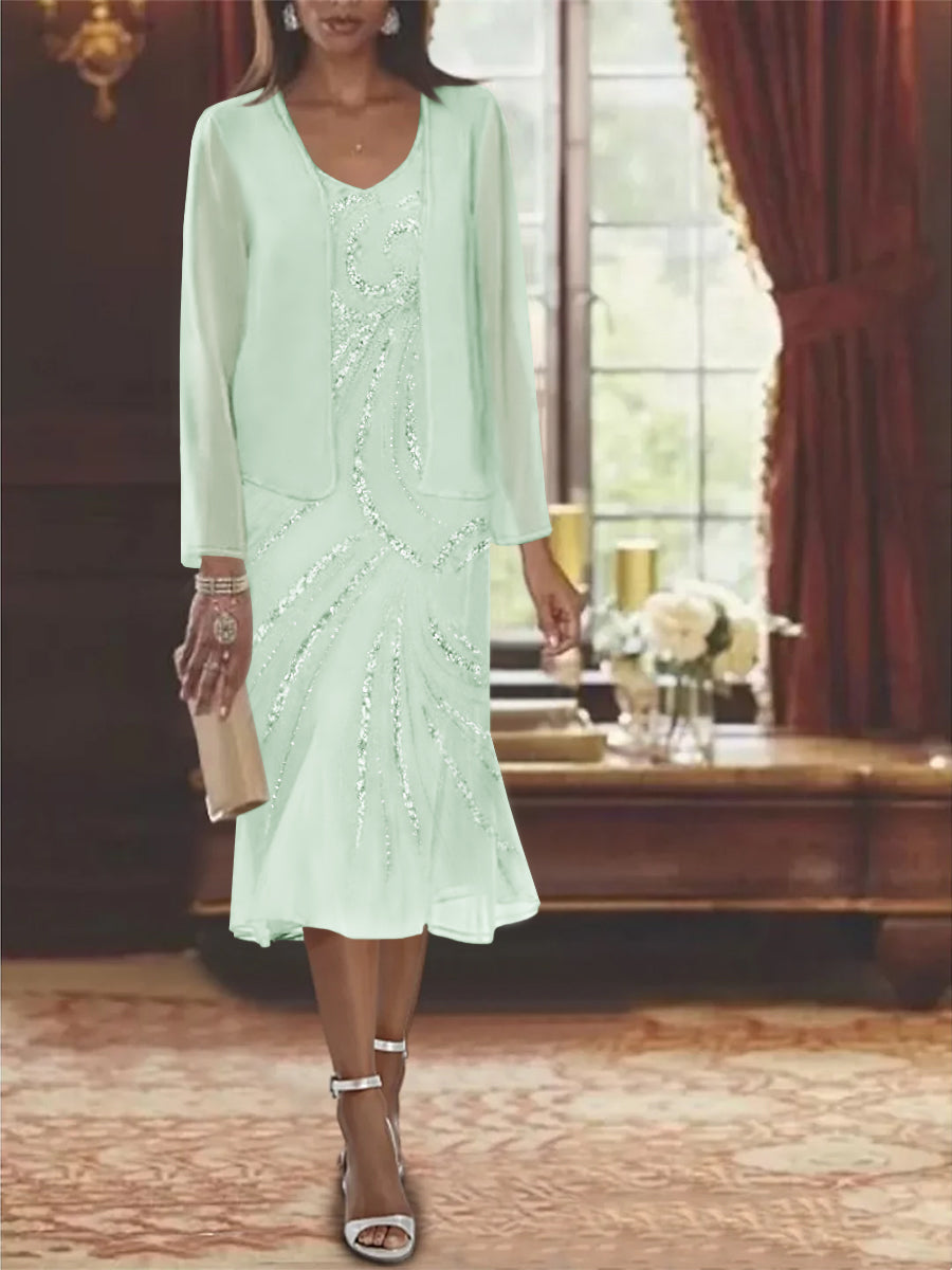 2-Piece V-Neck Chiffon Mother of the Bride Dress Set with Knee-Length Jacket and Sequins-LLELLA