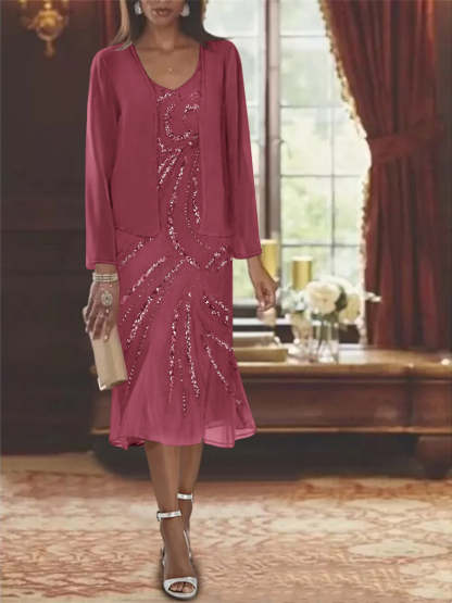 2-Piece V-Neck Chiffon Mother of the Bride Dress Set with Knee-Length Jacket and Sequins-LLELLA