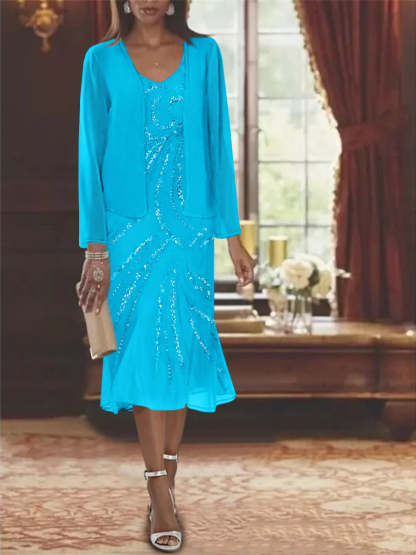 2-Piece V-Neck Chiffon Mother of the Bride Dress Set with Knee-Length Jacket and Sequins-LLELLA