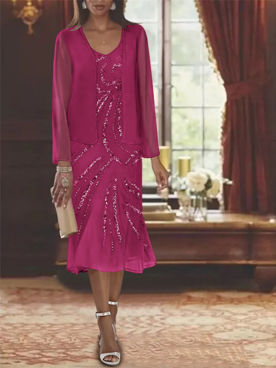 2-Piece V-Neck Chiffon Mother of the Bride Dress Set with Knee-Length Jacket and Sequins-LLELLA