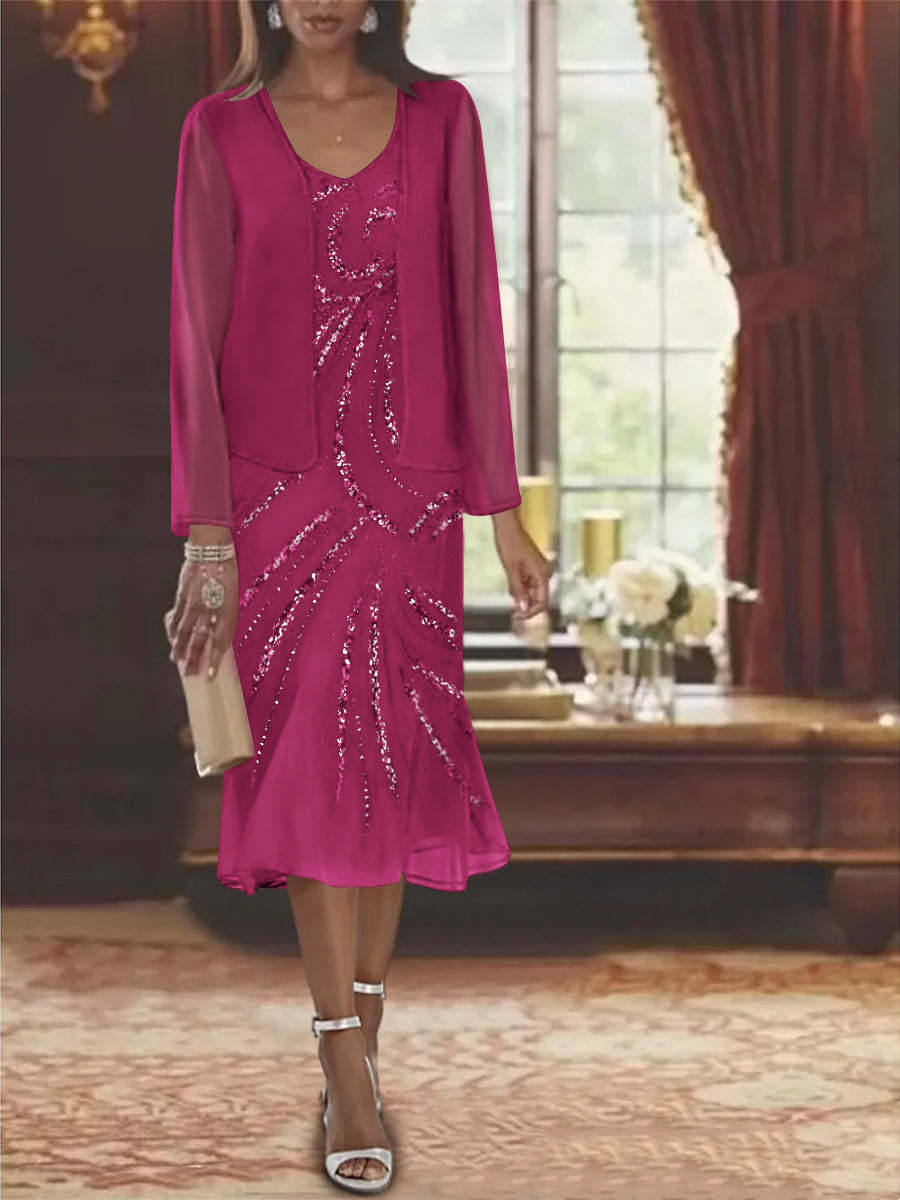 2-Piece V-Neck Chiffon Mother of the Bride Dress Set with Knee-Length Jacket and Sequins-LLELLA