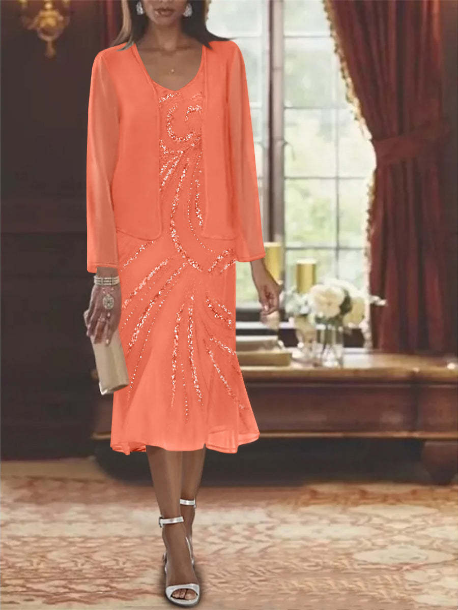 2-Piece V-Neck Chiffon Mother of the Bride Dress Set with Knee-Length Jacket and Sequins-LLELLA