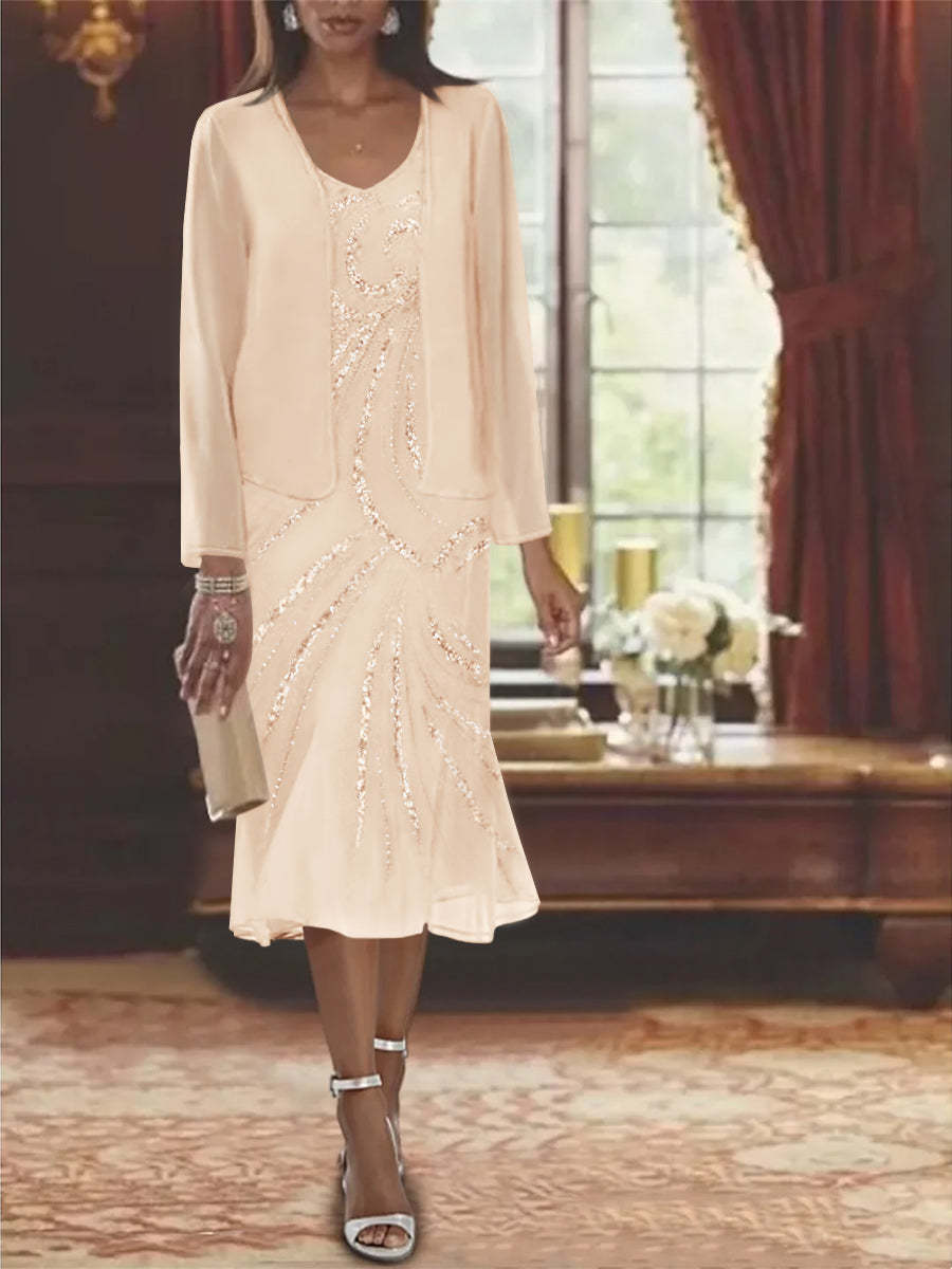 2-Piece V-Neck Chiffon Mother of the Bride Dress Set with Knee-Length Jacket and Sequins-LLELLA