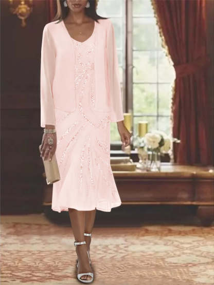 2-Piece V-Neck Chiffon Mother of the Bride Dress Set with Knee-Length Jacket and Sequins-LLELLA