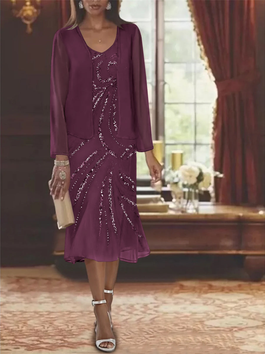 2-Piece V-Neck Chiffon Mother of the Bride Dress Set with Knee-Length Jacket and Sequins-LLELLA