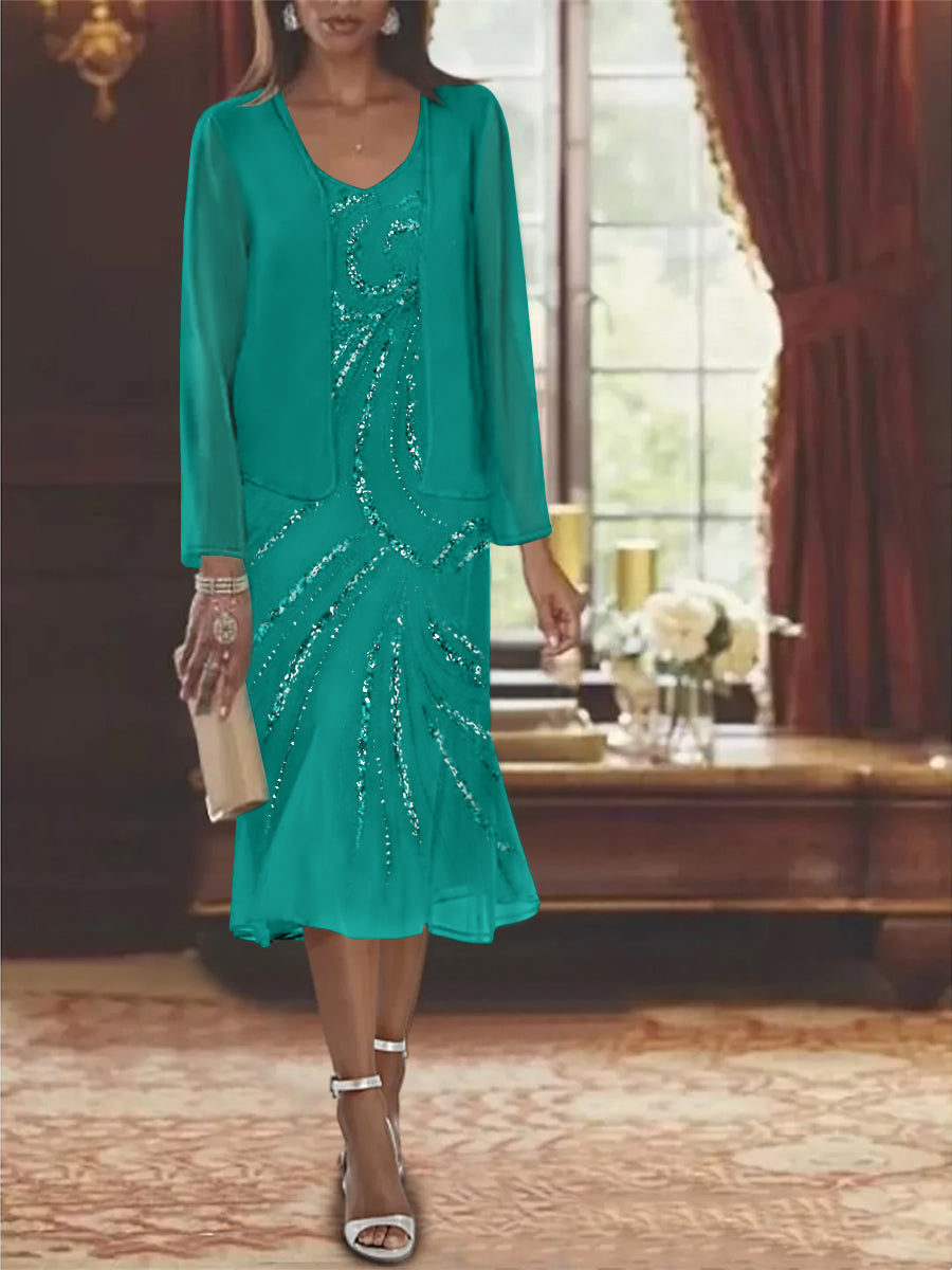 2-Piece V-Neck Chiffon Mother of the Bride Dress Set with Knee-Length Jacket and Sequins-LLELLA