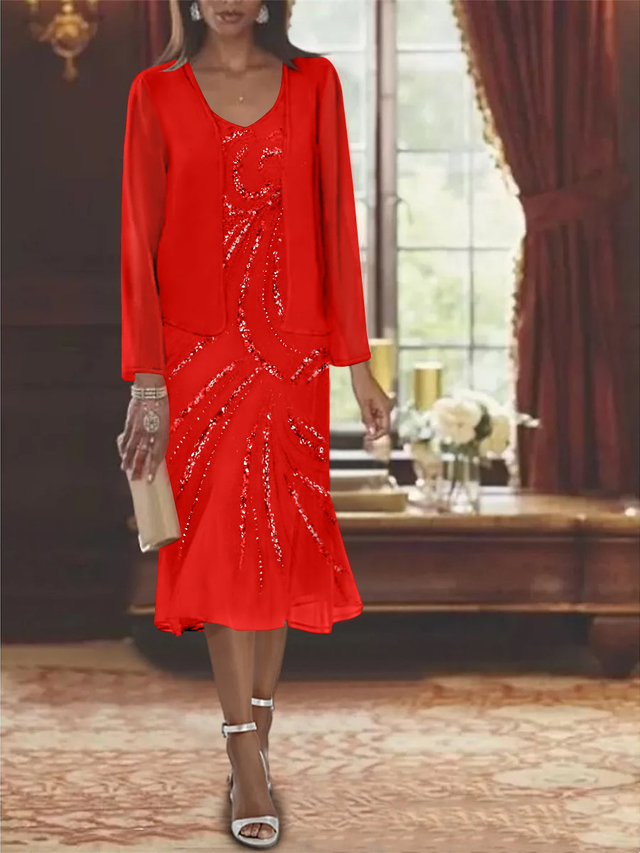 2-Piece V-Neck Chiffon Mother of the Bride Dress Set with Knee-Length Jacket and Sequins-LLELLA