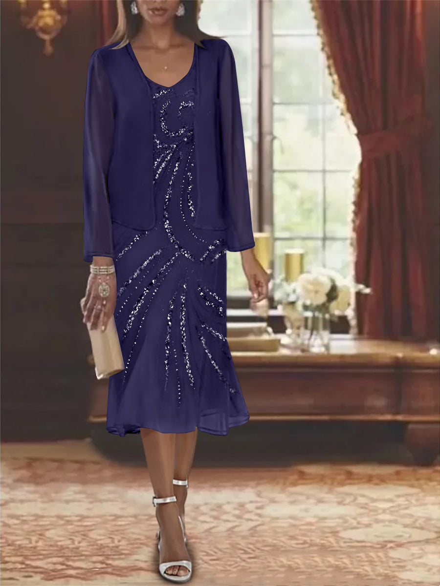 2-Piece V-Neck Chiffon Mother of the Bride Dress Set with Knee-Length Jacket and Sequins-LLELLA