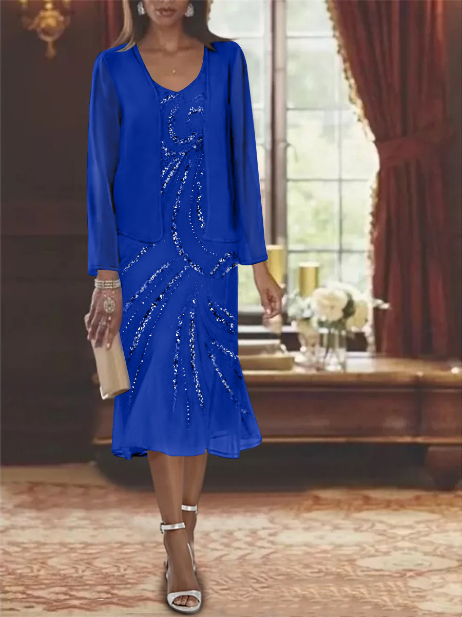 2-Piece V-Neck Chiffon Mother of the Bride Dress Set with Knee-Length Jacket and Sequins-LLELLA