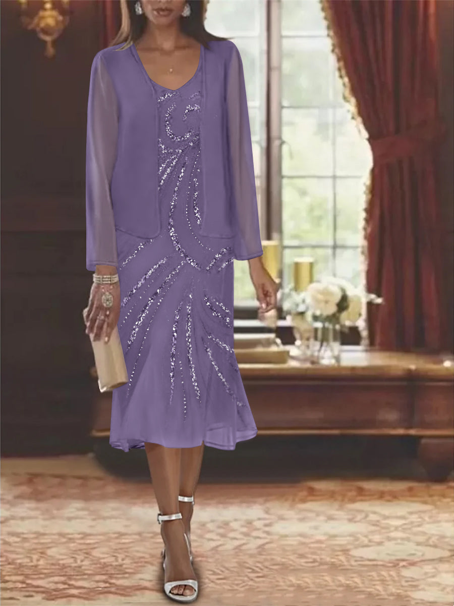 2-Piece V-Neck Chiffon Mother of the Bride Dress Set with Knee-Length Jacket and Sequins-LLELLA