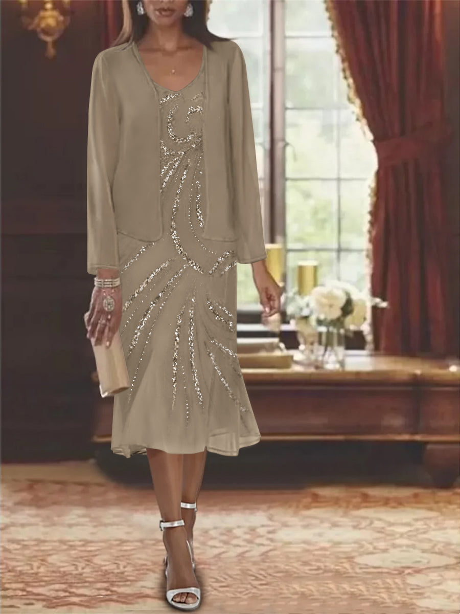 2-Piece V-Neck Chiffon Mother of the Bride Dress Set with Knee-Length Jacket and Sequins-LLELLA