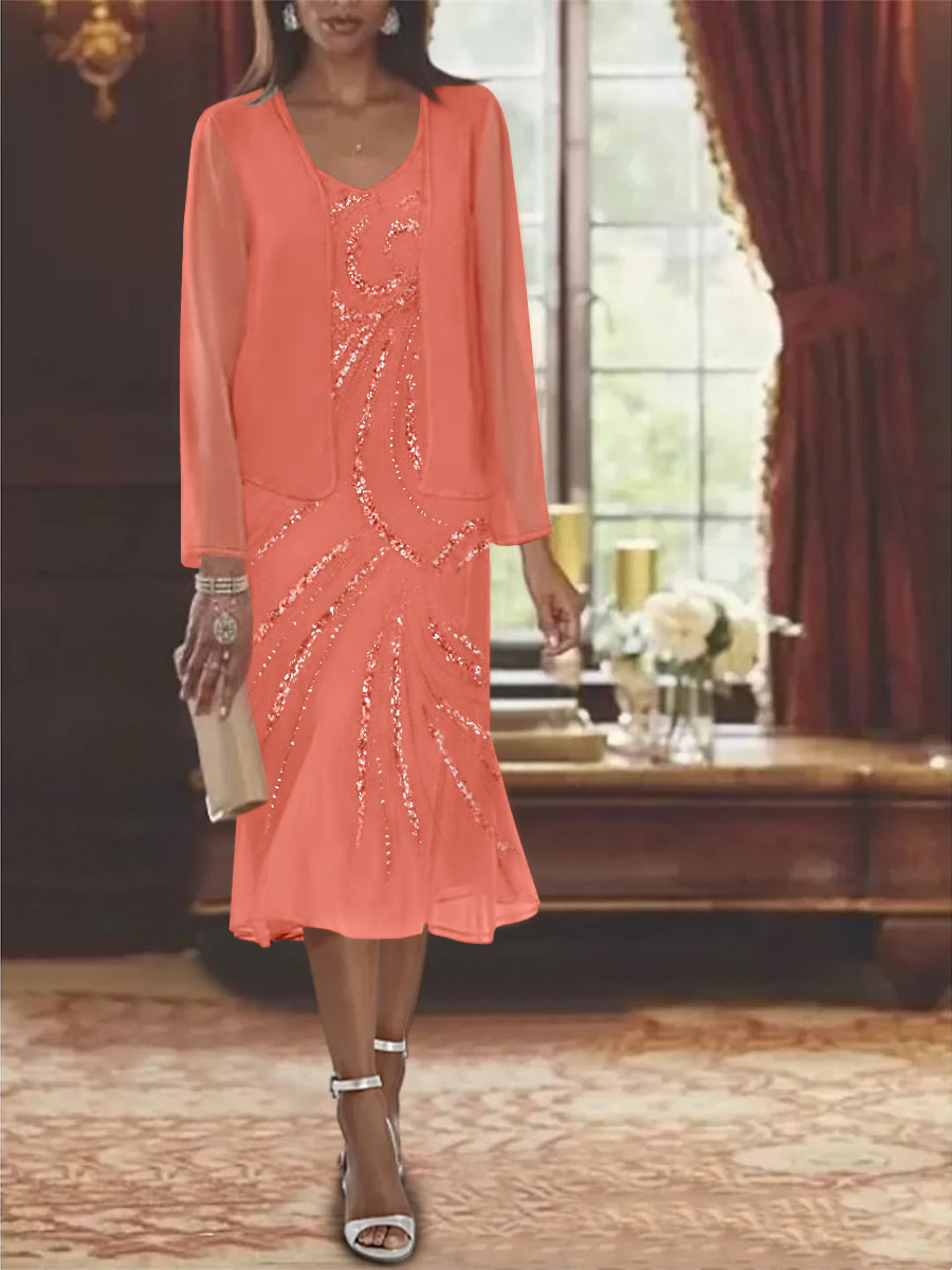 2-Piece V-Neck Chiffon Mother of the Bride Dress Set with Knee-Length Jacket and Sequins-LLELLA