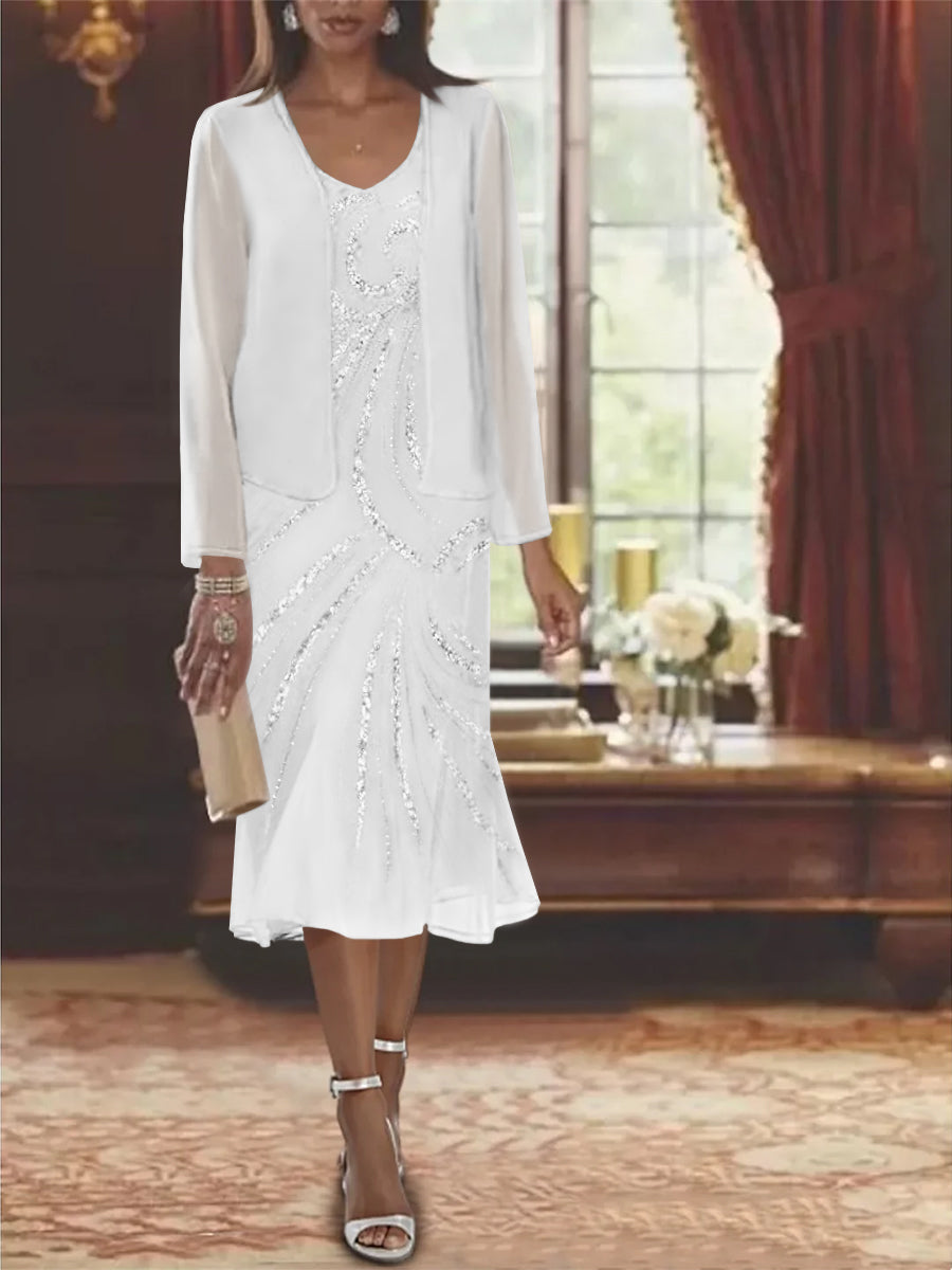 2-Piece V-Neck Chiffon Mother of the Bride Dress Set with Knee-Length Jacket and Sequins-LLELLA