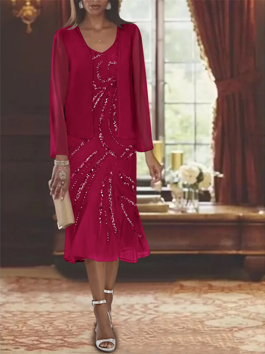 2-Piece V-Neck Chiffon Mother of the Bride Dress Set with Knee-Length Jacket and Sequins-LLELLA