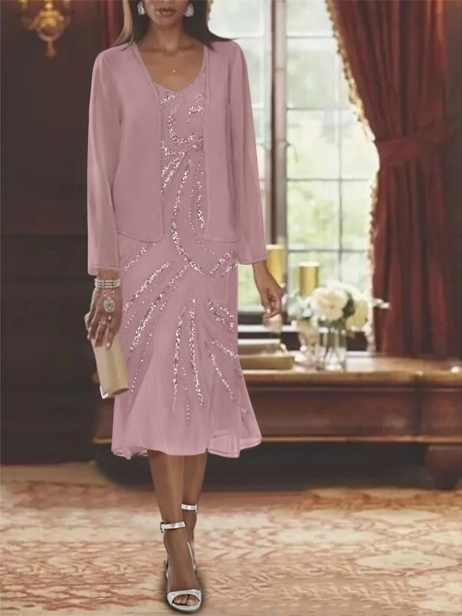 2-Piece V-Neck Chiffon Mother of the Bride Dress Set with Knee-Length Jacket and Sequins-LLELLA