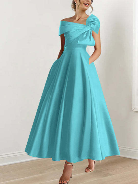Off-the-Shoulder Sleeveless A-Line Princess Ankle-Length Mother of the Bride Dress with Bow(s)-LLELLA