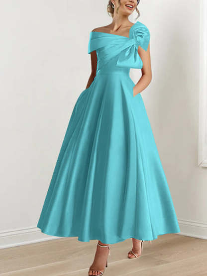 Off-the-Shoulder Sleeveless A-Line Princess Ankle-Length Mother of the Bride Dress with Bow(s)-LLELLA