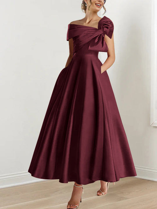 Off-the-Shoulder Sleeveless A-Line Princess Ankle-Length Mother of the Bride Dress with Bow(s)-LLELLA
