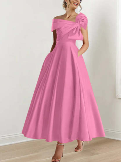 Off-the-Shoulder Sleeveless A-Line Princess Ankle-Length Mother of the Bride Dress with Bow(s)-LLELLA