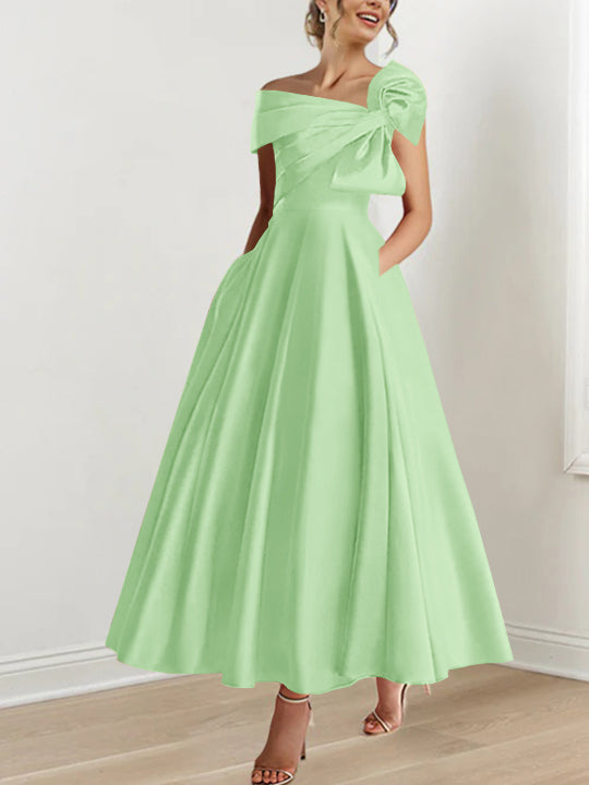 Off-the-Shoulder Sleeveless A-Line Princess Ankle-Length Mother of the Bride Dress with Bow(s)-LLELLA