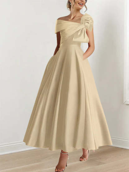 Off-the-Shoulder Sleeveless A-Line Princess Ankle-Length Mother of the Bride Dress with Bow(s)-LLELLA