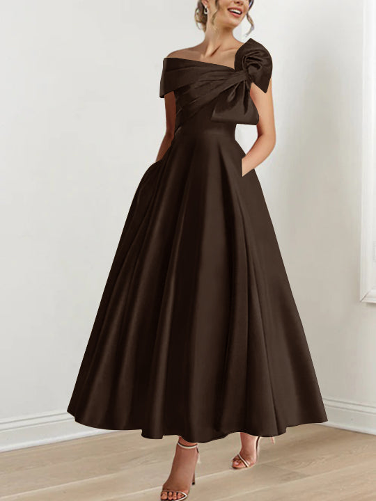 Off-the-Shoulder Sleeveless A-Line Princess Ankle-Length Mother of the Bride Dress with Bow(s)-LLELLA