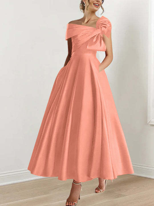 Off-the-Shoulder Sleeveless A-Line Princess Ankle-Length Mother of the Bride Dress with Bow(s)-LLELLA