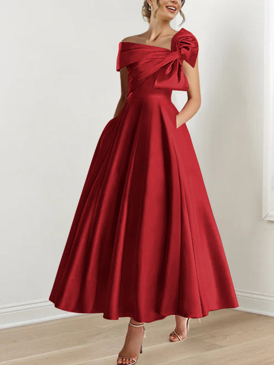 Off-the-Shoulder Sleeveless A-Line Princess Ankle-Length Mother of the Bride Dress with Bow(s)-LLELLA