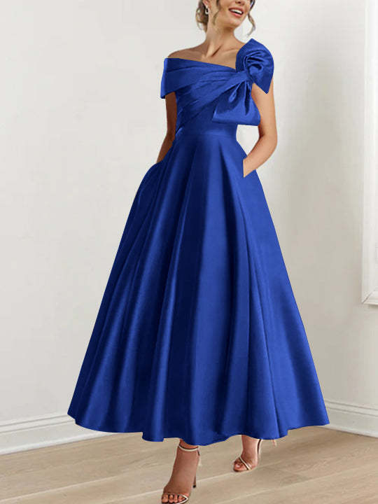 Off-the-Shoulder Sleeveless A-Line Princess Ankle-Length Mother of the Bride Dress with Bow(s)-LLELLA