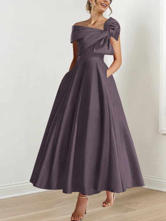 Off-the-Shoulder Sleeveless A-Line Princess Ankle-Length Mother of the Bride Dress with Bow(s)-LLELLA