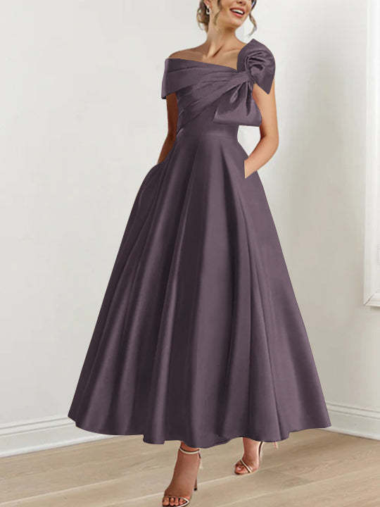Off-the-Shoulder Sleeveless A-Line Princess Ankle-Length Mother of the Bride Dress with Bow(s)-LLELLA