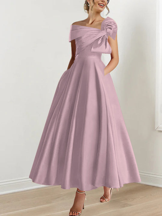 Off-the-Shoulder Sleeveless A-Line Princess Ankle-Length Mother of the Bride Dress with Bow(s)-LLELLA
