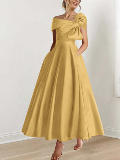 Off-the-Shoulder Sleeveless A-Line Princess Ankle-Length Mother of the Bride Dress with Bow(s)-LLELLA
