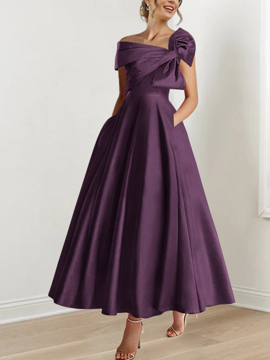 Off-the-Shoulder Sleeveless A-Line Princess Ankle-Length Mother of the Bride Dress with Bow(s)-LLELLA