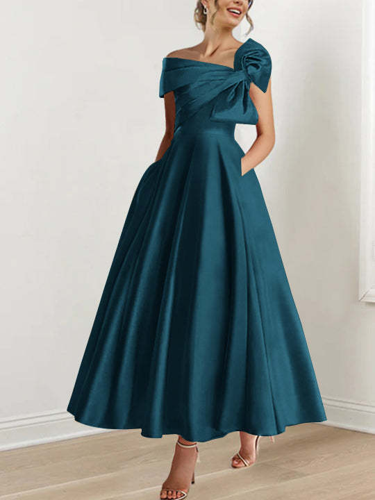 Off-the-Shoulder Sleeveless A-Line Princess Ankle-Length Mother of the Bride Dress with Bow(s)-LLELLA