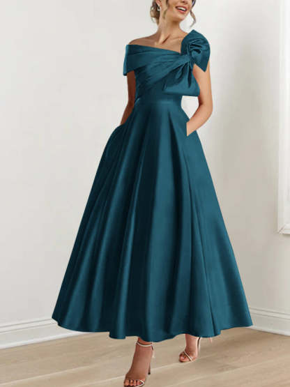 Off-the-Shoulder Sleeveless A-Line Princess Ankle-Length Mother of the Bride Dress with Bow(s)-LLELLA