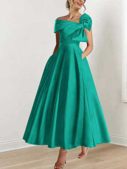 Off-the-Shoulder Sleeveless A-Line Princess Ankle-Length Mother of the Bride Dress with Bow(s)-LLELLA