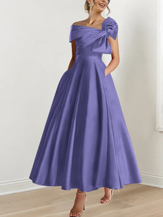 Off-the-Shoulder Sleeveless A-Line Princess Ankle-Length Mother of the Bride Dress with Bow(s)-LLELLA