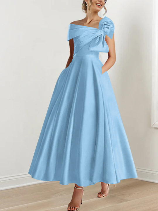 Off-the-Shoulder Sleeveless A-Line Princess Ankle-Length Mother of the Bride Dress with Bow(s)-LLELLA