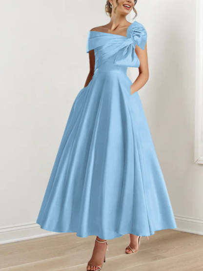 Off-the-Shoulder Sleeveless A-Line Princess Ankle-Length Mother of the Bride Dress with Bow(s)-LLELLA