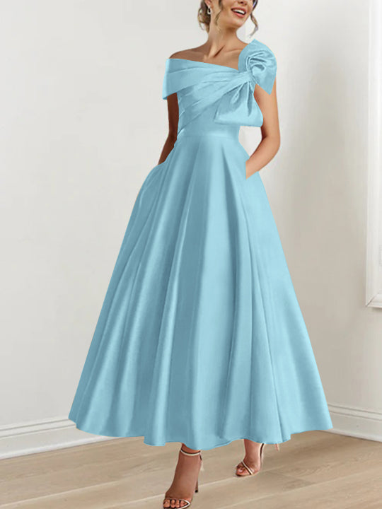 Off-the-Shoulder Sleeveless A-Line Princess Ankle-Length Mother of the Bride Dress with Bow(s)-LLELLA