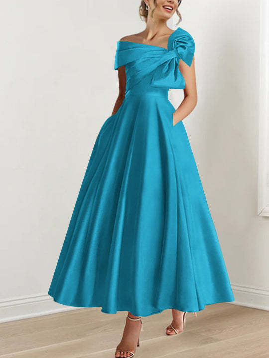Off-the-Shoulder Sleeveless A-Line Princess Ankle-Length Mother of the Bride Dress with Bow(s)-LLELLA