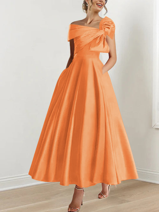 Off-the-Shoulder Sleeveless A-Line Princess Ankle-Length Mother of the Bride Dress with Bow(s)-LLELLA